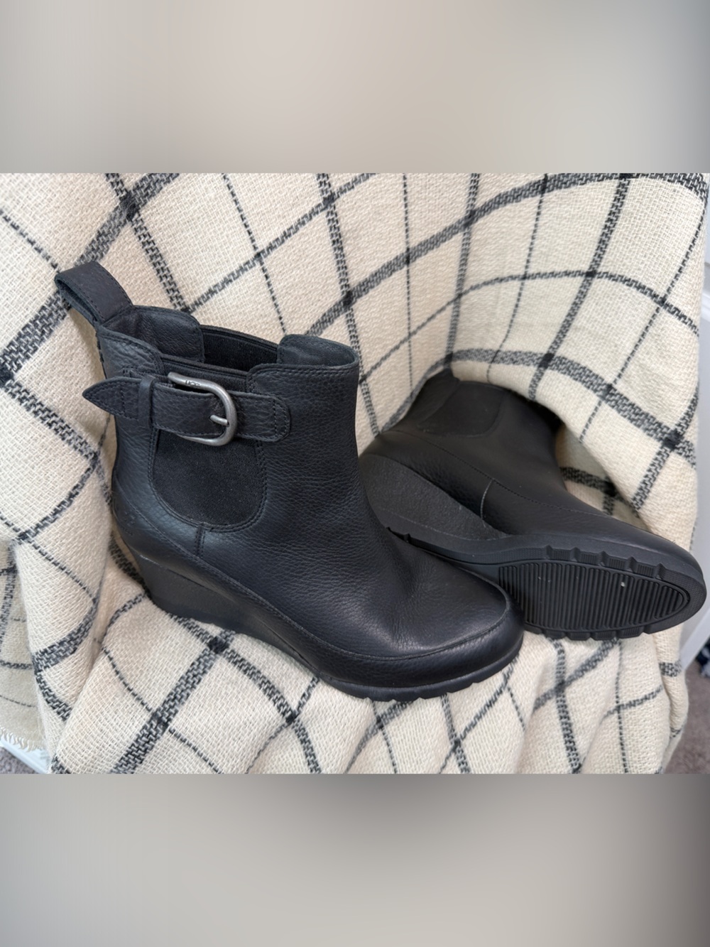 UGG Black Leather Women's Wedge Rain Boots with Side Buckle